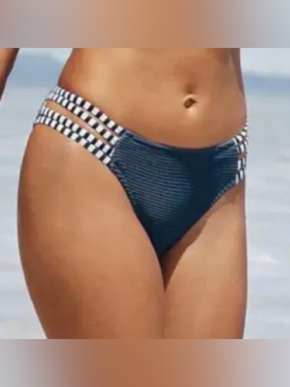 Cupshe Swim Bikini Bottom Women’s SMALL Ribbed & Strappy Stripped Side Blue NEW